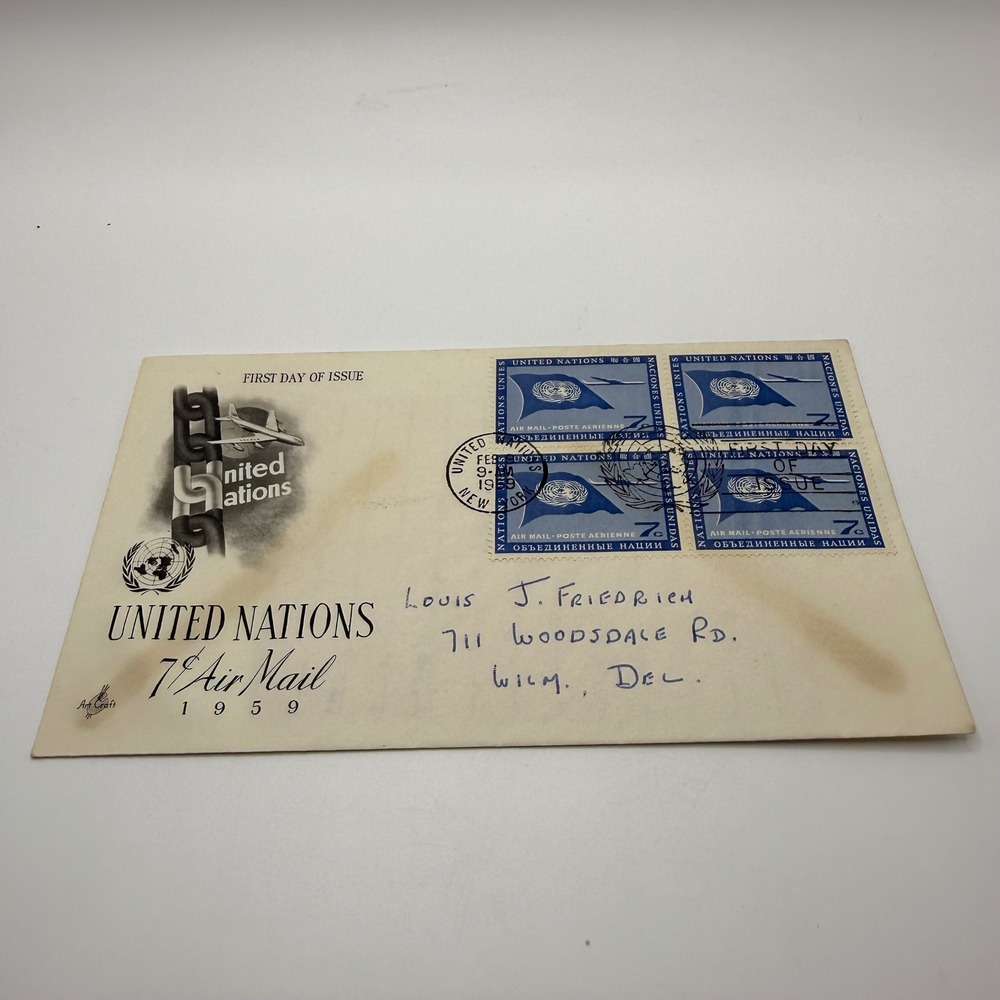 1959 United Nations 7c Air Mail First Day Cover ArtCraft Block of 4 Stamps FDC